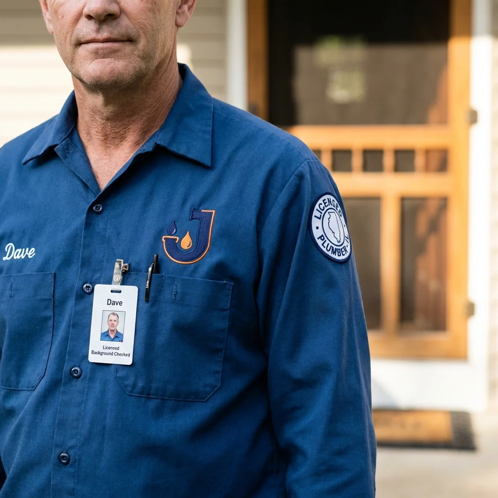 Licensed plumber showing ID badge in Jonesboro, IN