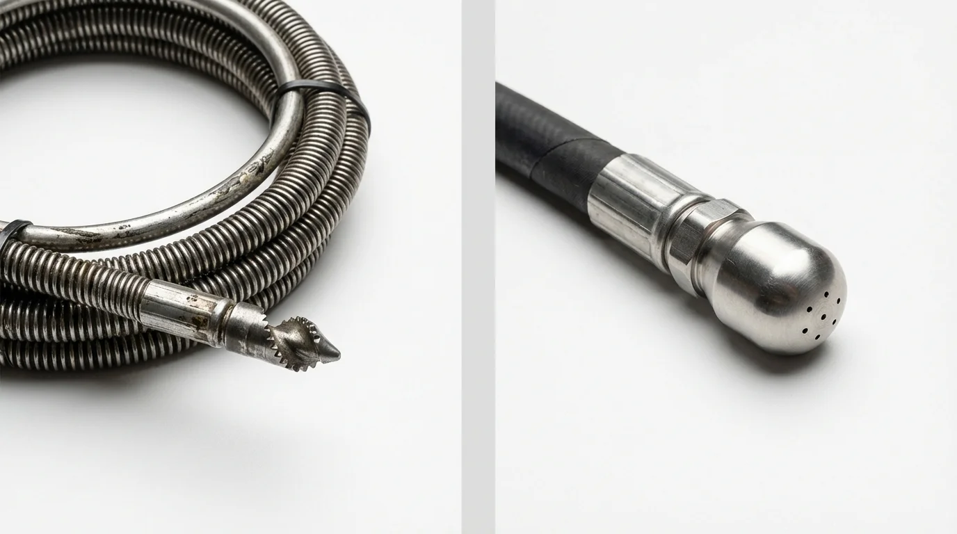 Drain snake cable and hydro jetting nozzle used for drain cleaning in Jonesboro, IN