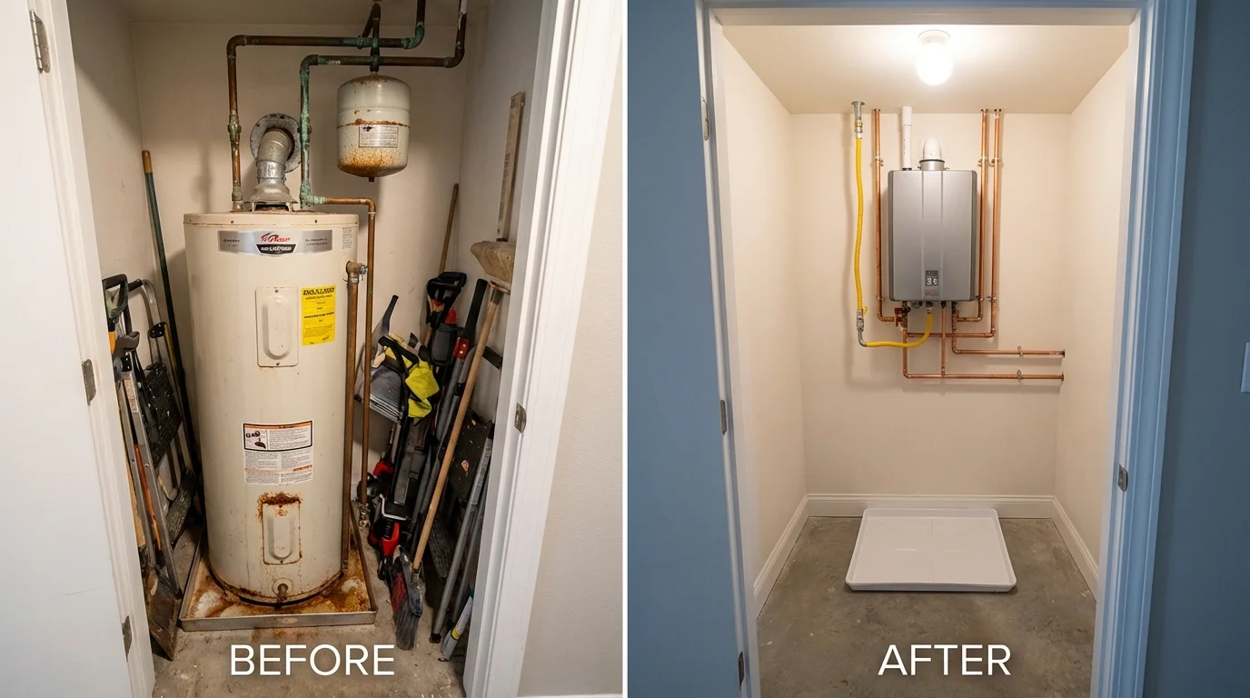 Tank water heater versus wall-mounted tankless unit comparison for Jonesboro, IN homeowners