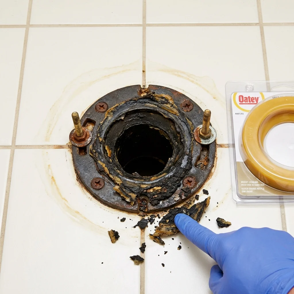 Failed wax ring showing water seepage at the base of a toilet in a Jonesboro, IN home