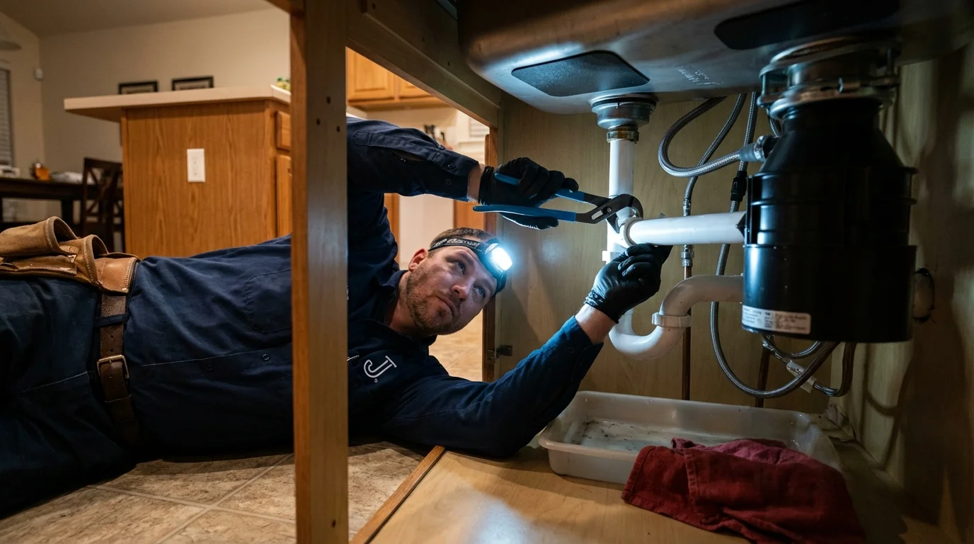 P-trap and supply line connections under a kitchen sink showing a common leak point in Jonesboro, IN